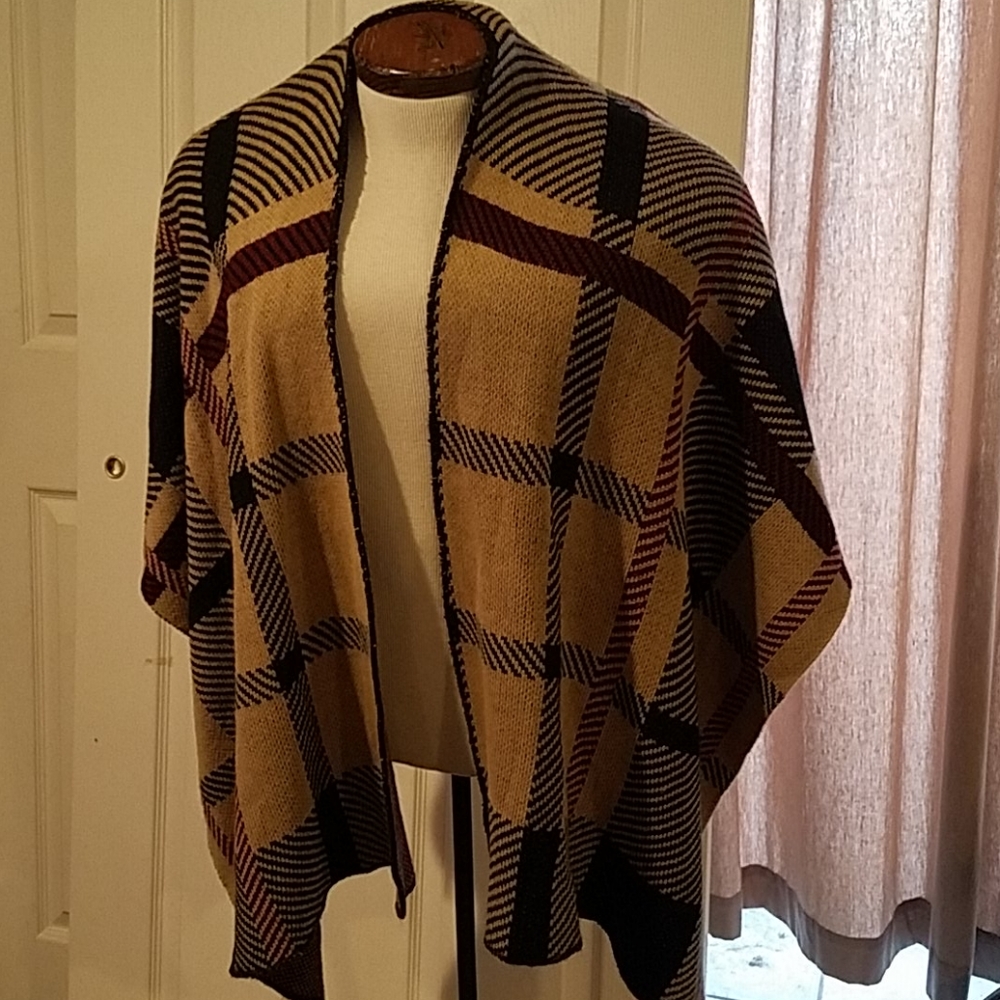 Heavy knit plaid open front poncho shawl wrap